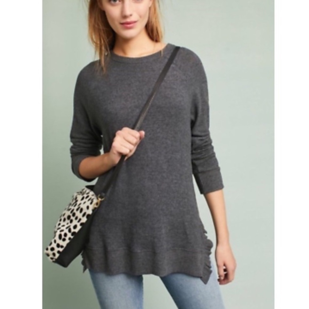 ANTHROPOLOGIE Postmark Super Soft Grey Ruffled Hem Long Sleeve Sweater